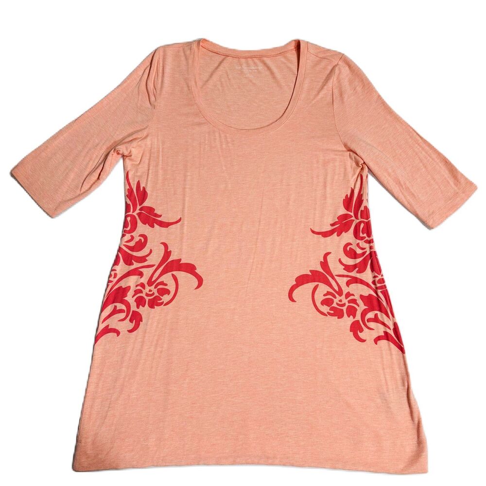 Soft Surroundings Jersey Tunic Top Womens Large Tropical Peach Floral Scoop Neck - Picture 2 of 13